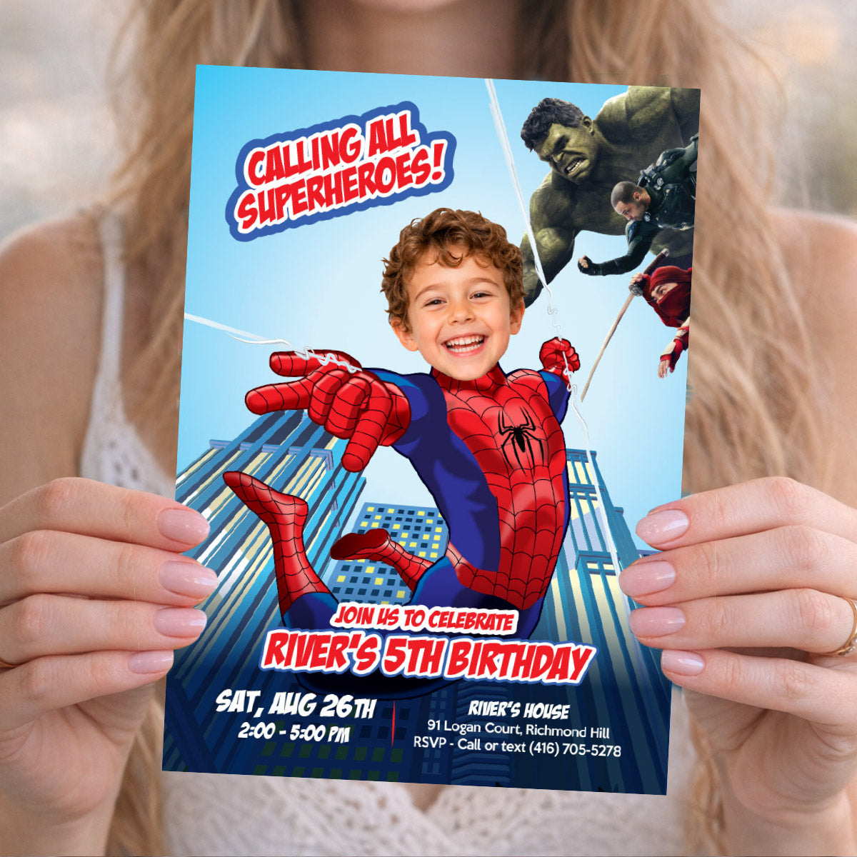 Calling All Superheroes Spiderman Brand New Day Birthday Invitation with Kid as the Star. 2492INC