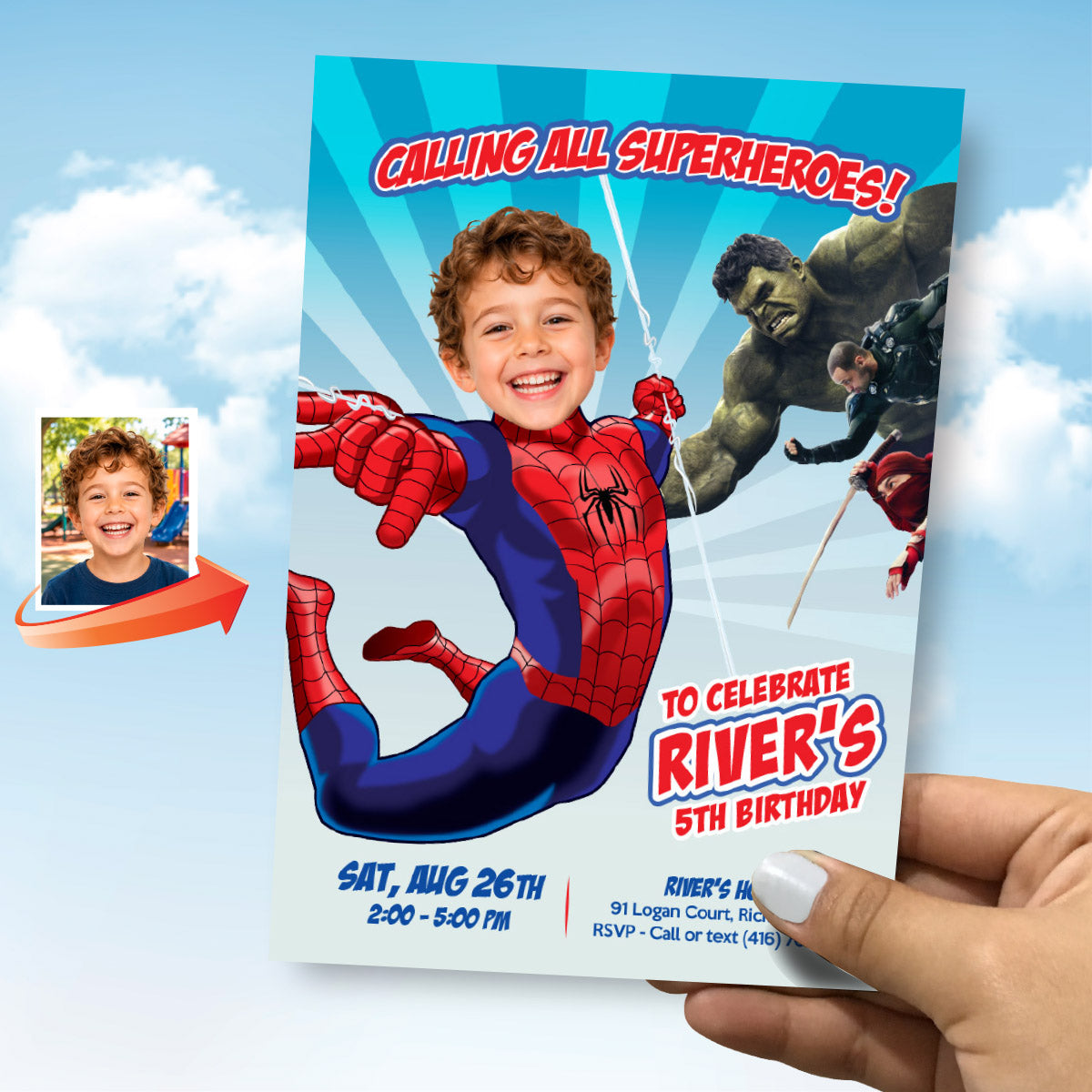Personalized Spiderman New Brand Day Birthday Invitation | Your Kid as Spider-Man. 2492IND