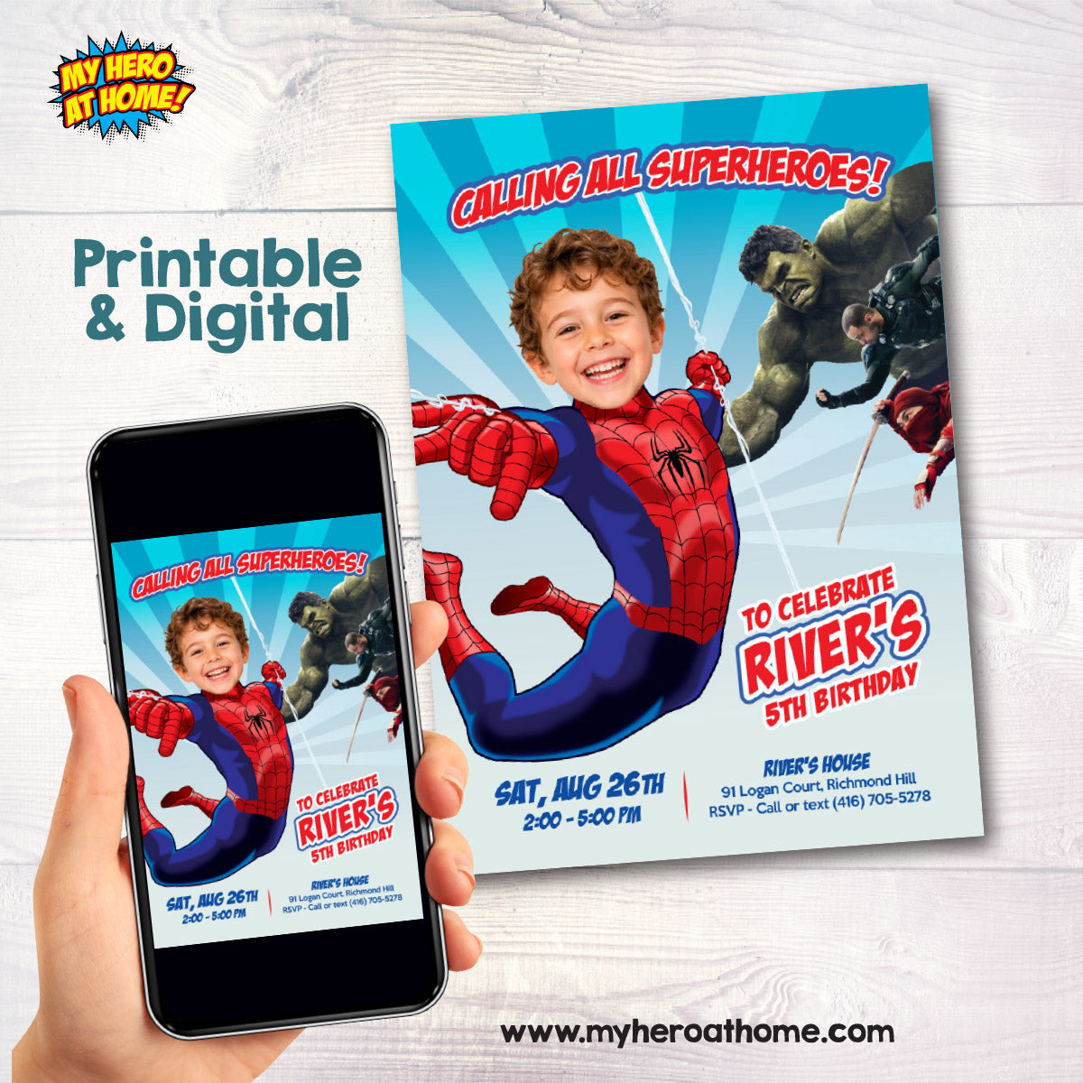 Personalized Spiderman New Brand Day Birthday Invitation | Your Kid as Spider-Man. 2492IND