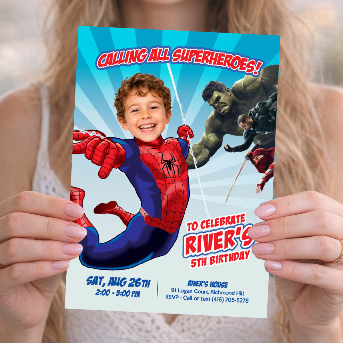 Personalized Spiderman New Brand Day Birthday Invitation | Your Kid as Spider-Man. 2492IND