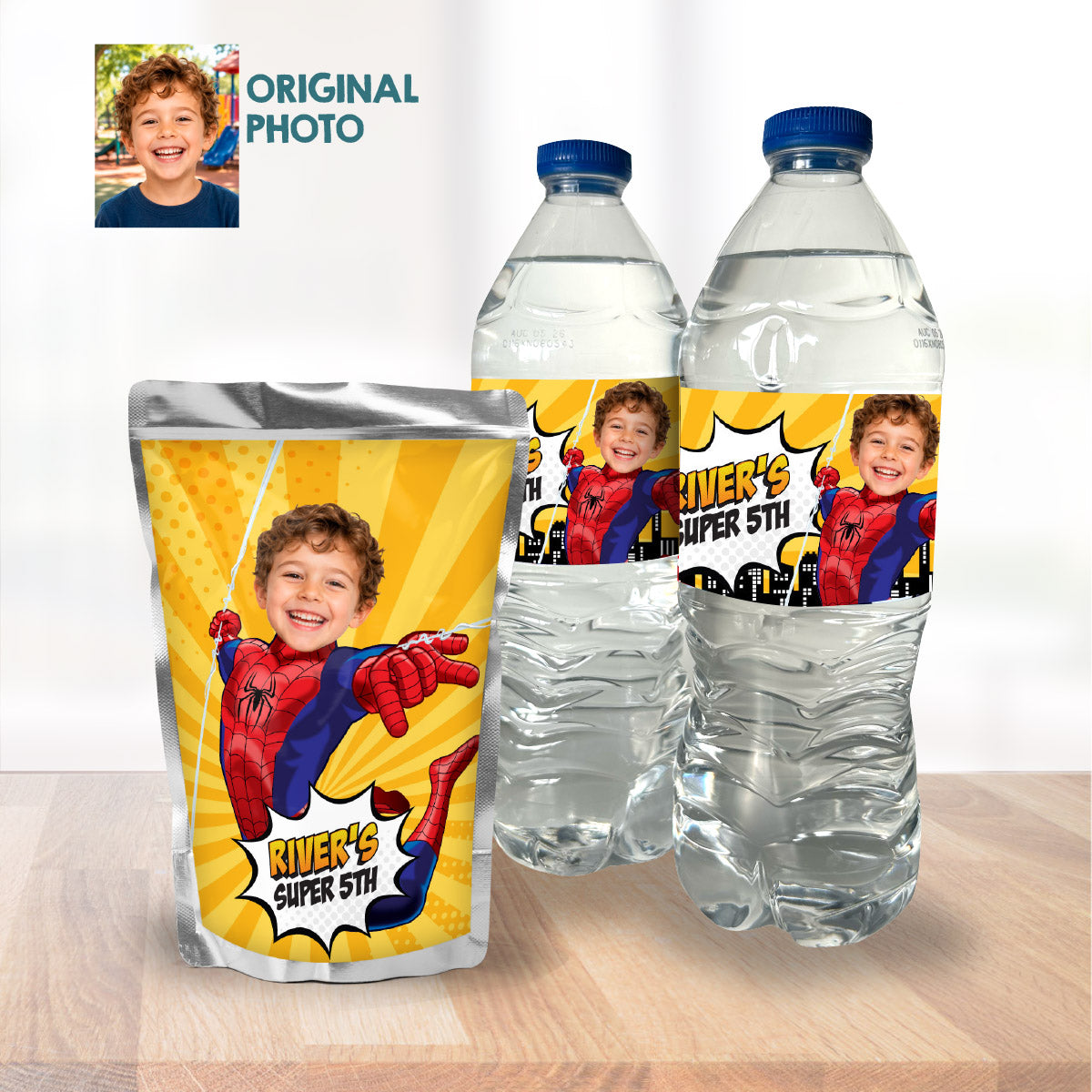 Personalized Spider-Man Water Wrappers And Capri Sun Labels with Child as the Star. 2492WJ3