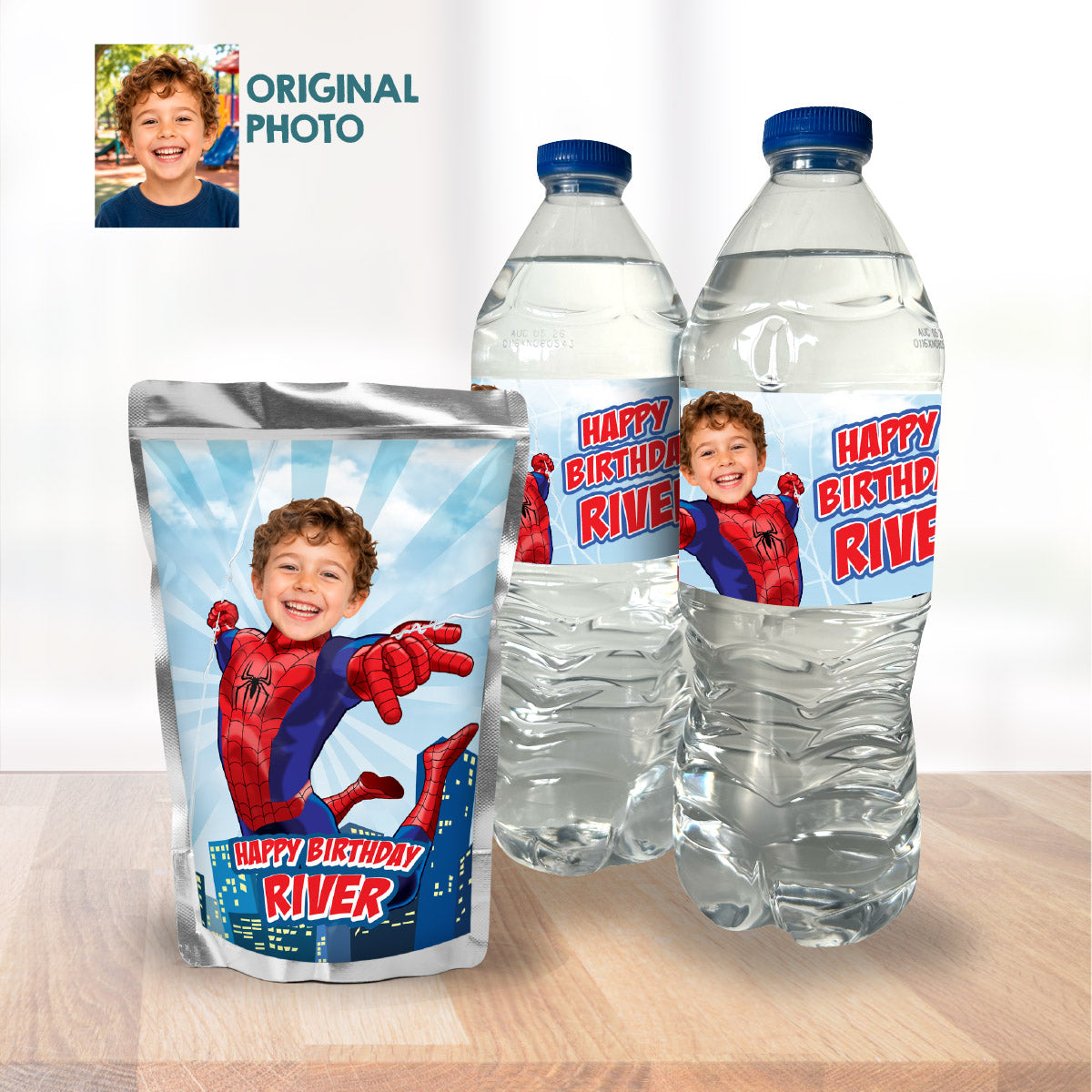Birthday Kid Becomes Spider-Man for his Personalized Water Bottle Labels & Capri Sun Wraps. 2492WJ