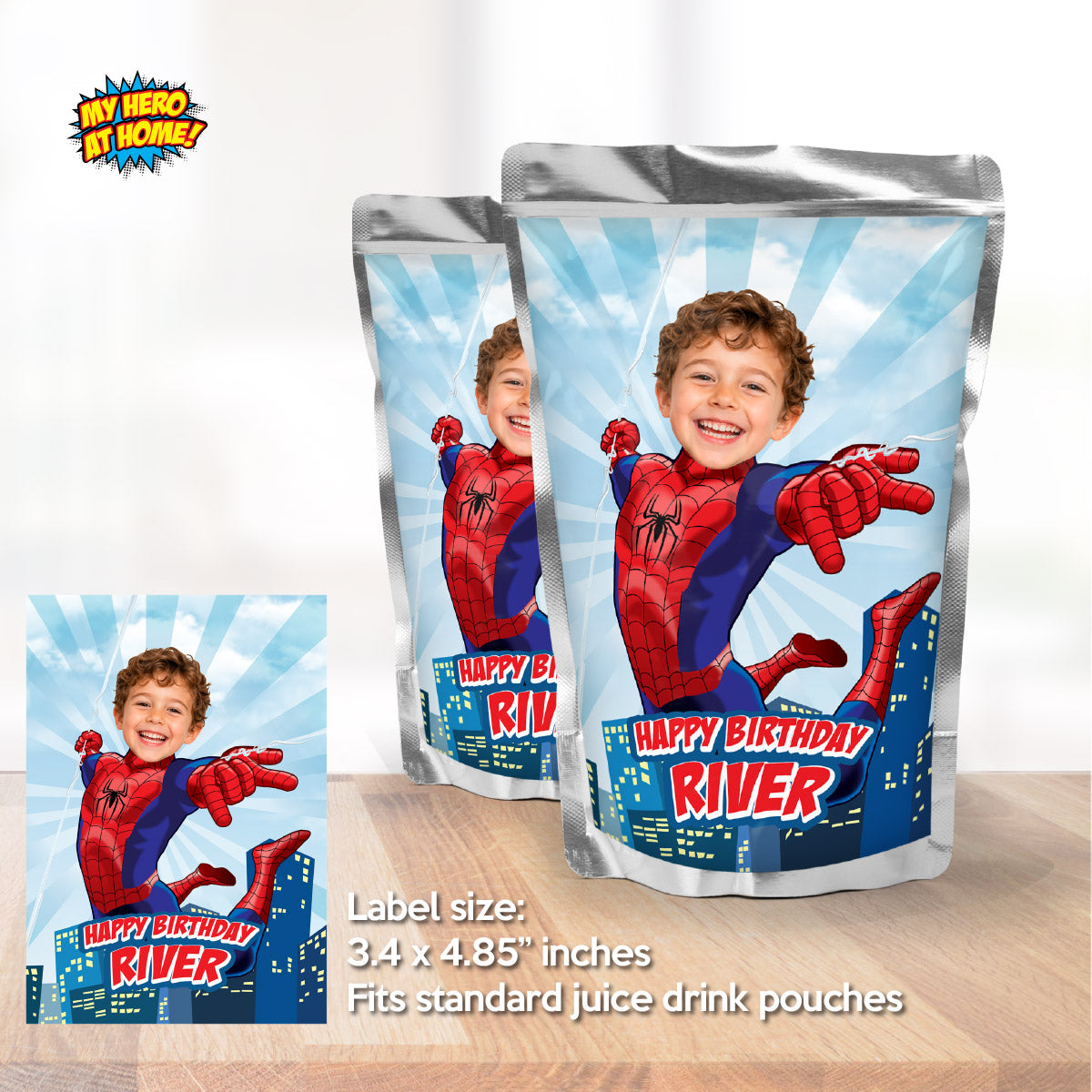 Birthday Kid Becomes Spider-Man for his Personalized Water Bottle Labels & Capri Sun Wraps. 2492WJ