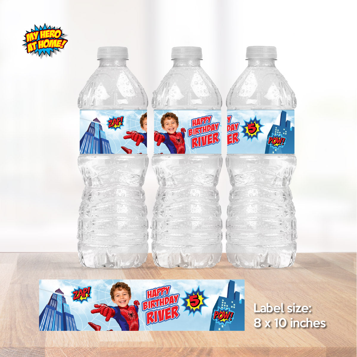 Birthday Kid Becomes Spider-Man for his Personalized Water Bottle Labels & Capri Sun Wraps. 2492WJ