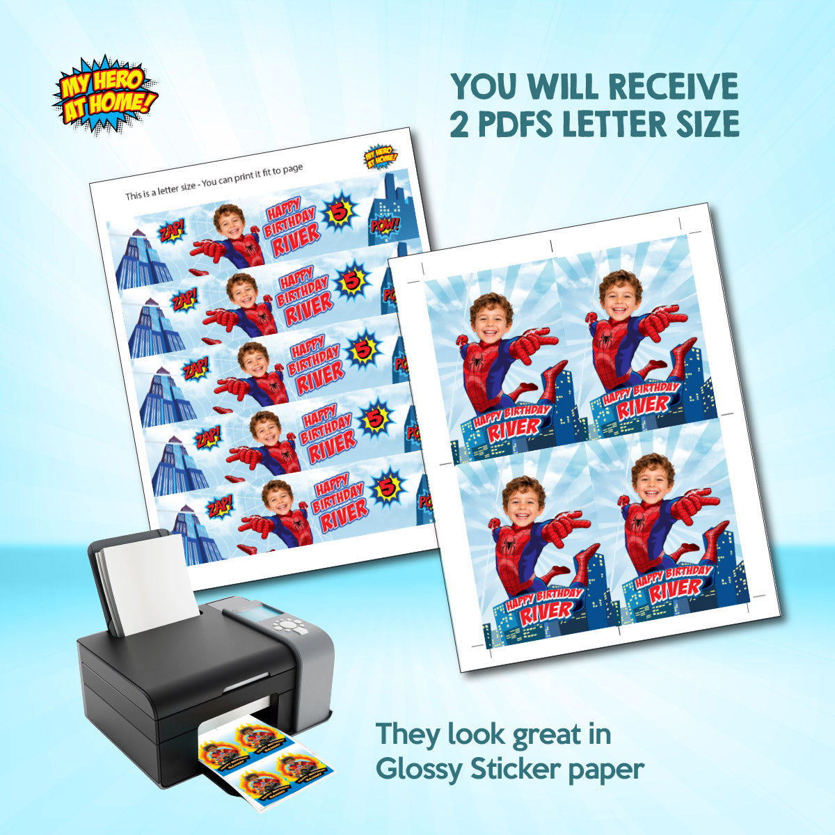 Birthday Kid Becomes Spider-Man for his Personalized Water Bottle Labels & Capri Sun Wraps. 2492WJ