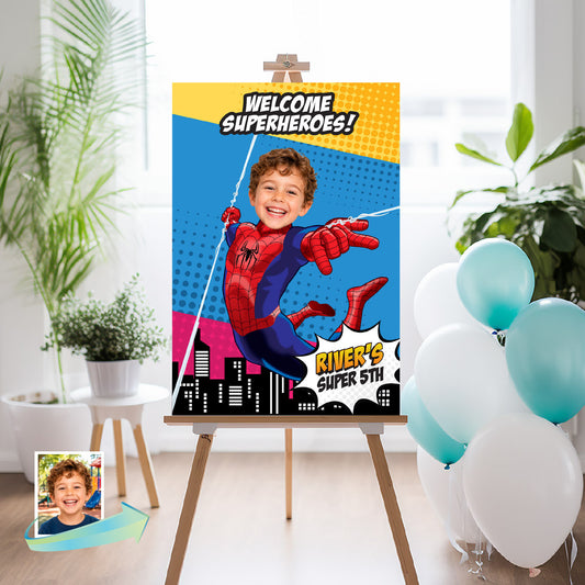Colorful Cartoon Welcome Superheroes Sign with Birthday Kid as Spider-Man. 2492WS3