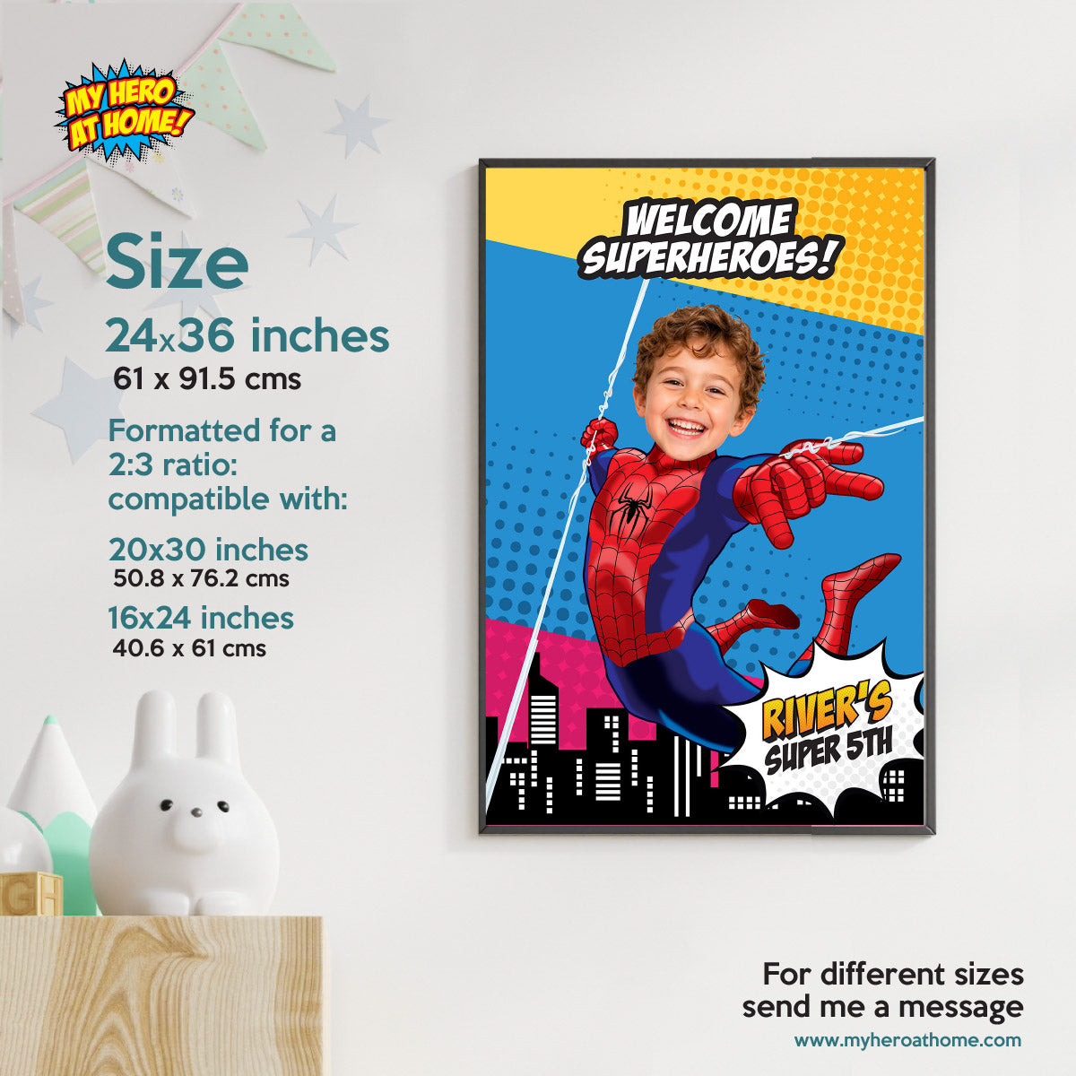 Colorful Cartoon Welcome Superheroes Sign with Birthday Kid as Spider-Man. 2492WS3