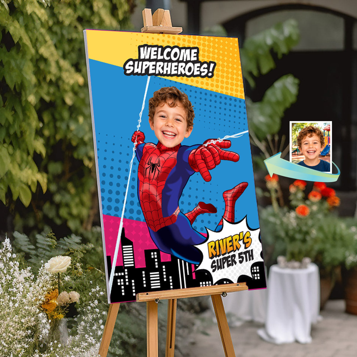 Colorful Cartoon Welcome Superheroes Sign with Birthday Kid as Spider-Man. 2492WS3