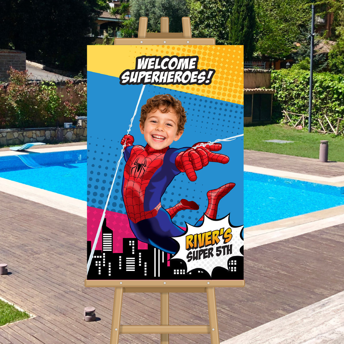 Colorful Cartoon Welcome Superheroes Sign with Birthday Kid as Spider-Man. 2492WS3