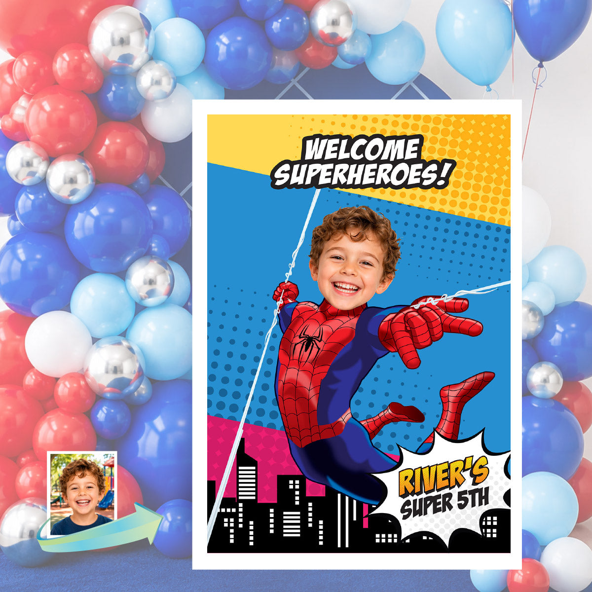 Colorful Cartoon Welcome Superheroes Sign with Birthday Kid as Spider-Man. 2492WS3