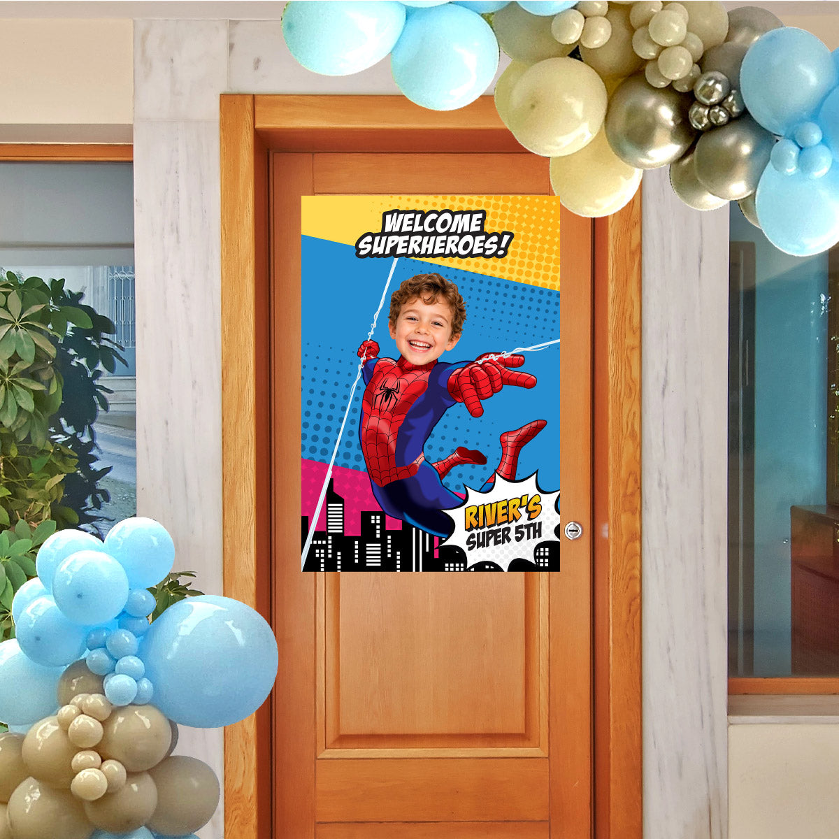 Colorful Cartoon Welcome Superheroes Sign with Birthday Kid as Spider-Man. 2492WS3