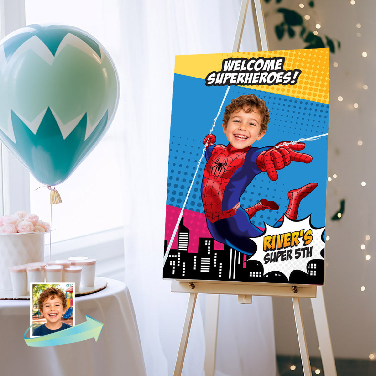Colorful Cartoon Welcome Superheroes Sign with Birthday Kid as Spider-Man. 2492WS3