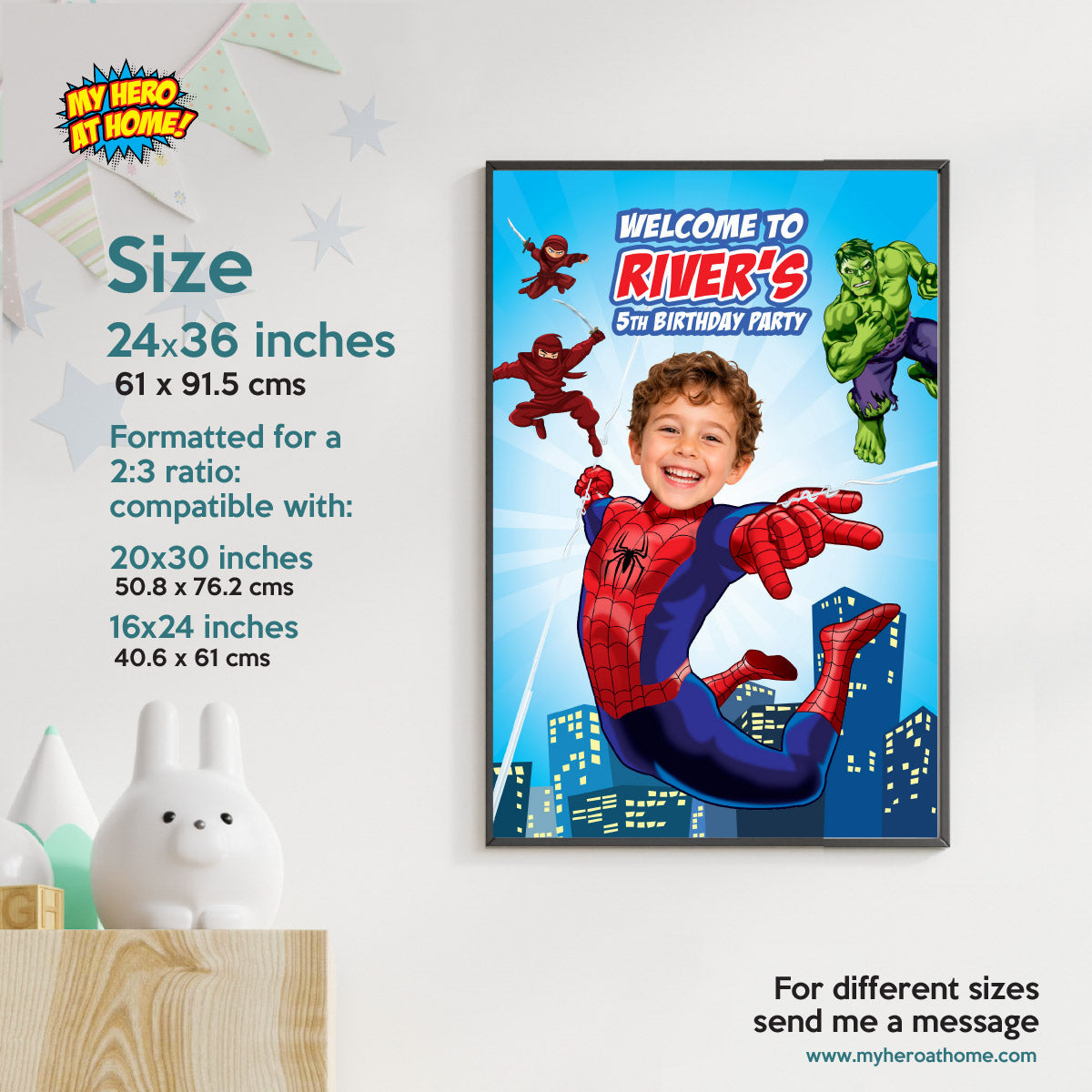 BND Spiderman Birthday Welcome Sign With Child as The Star Along Hulk and The Hand. 2492WS5