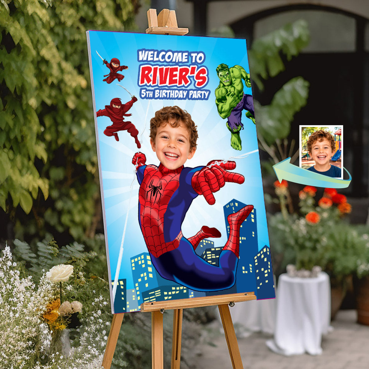 BND Spiderman Birthday Welcome Sign With Child as The Star Along Hulk and The Hand. 2492WS5