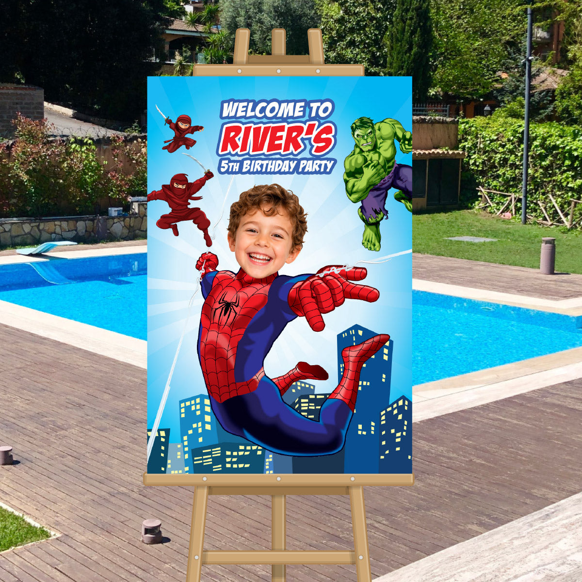 BND Spiderman Birthday Welcome Sign With Child as The Star Along Hulk and The Hand. 2492WS5