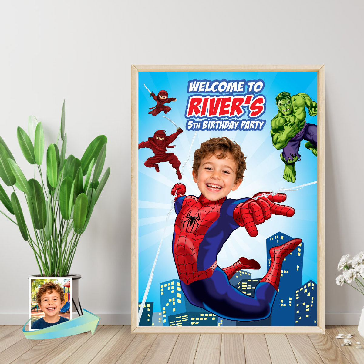 BND Spiderman Birthday Welcome Sign With Child as The Star Along Hulk and The Hand. 2492WS5