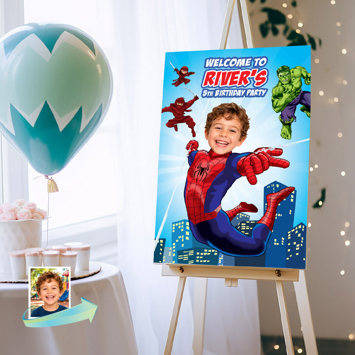 BND Spiderman Birthday Welcome Sign With Child as The Star Along Hulk and The Hand. 2492WS5