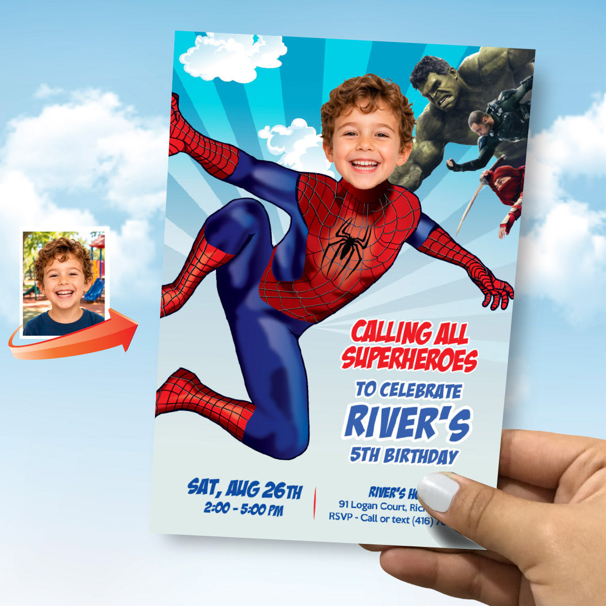 Custom Brand New Day Spiderman Birthday Invitation Featuring Child as the Star. 2493IN2