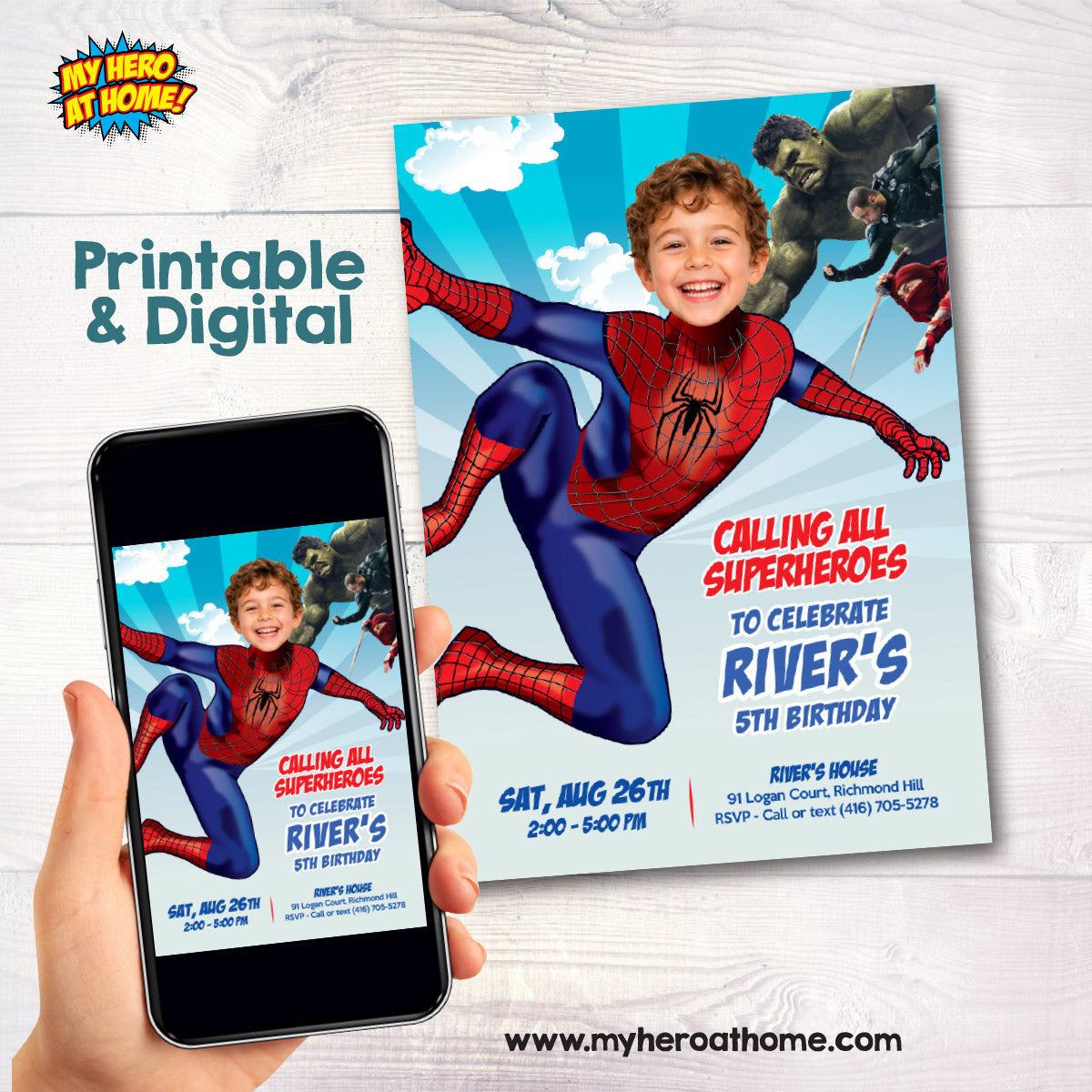 Custom Brand New Day Spiderman Birthday Invitation Featuring Child as the Star. 2493IN2