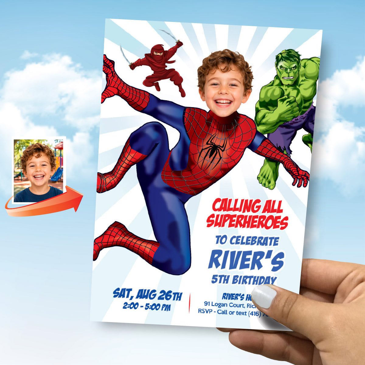 Custom Calling All Superheroes Spiderman Birthday Invitation Featuring Kid as the Star. 2493IN3