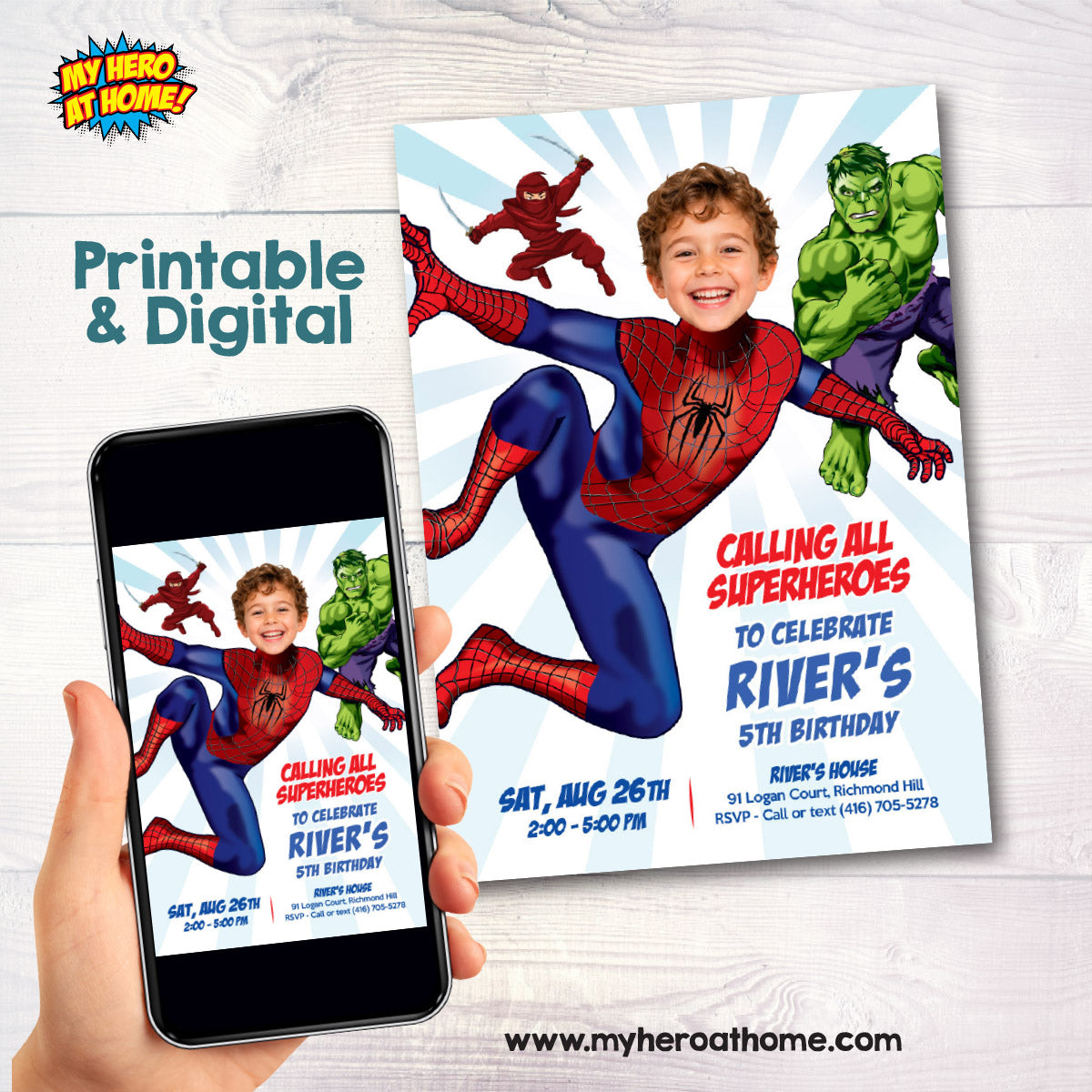 Custom Calling All Superheroes Spiderman Birthday Invitation Featuring Kid as the Star. 2493IN3