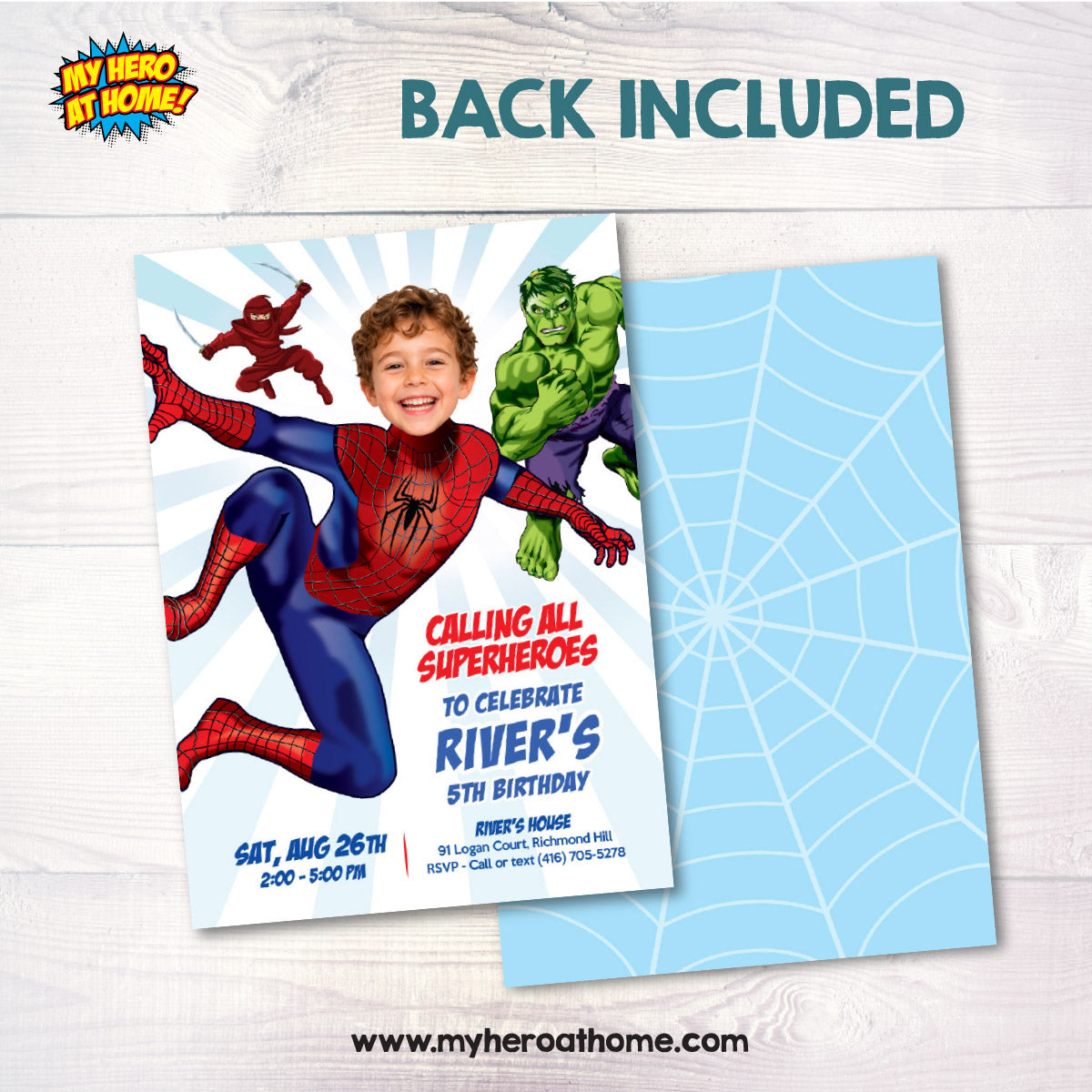 Custom Calling All Superheroes Spiderman Birthday Invitation Featuring Kid as the Star. 2493IN3