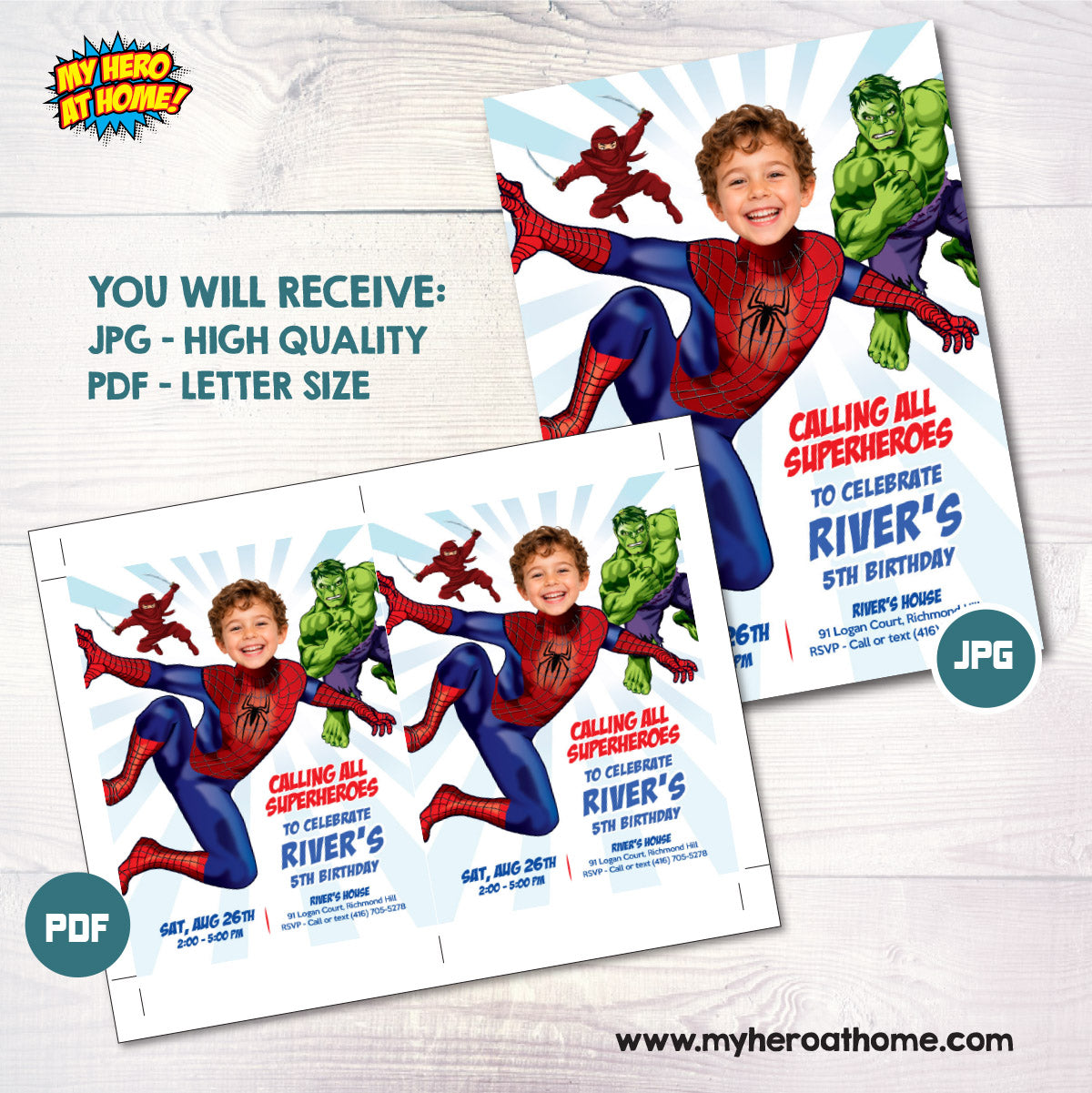 Custom Calling All Superheroes Spiderman Birthday Invitation Featuring Kid as the Star. 2493IN3