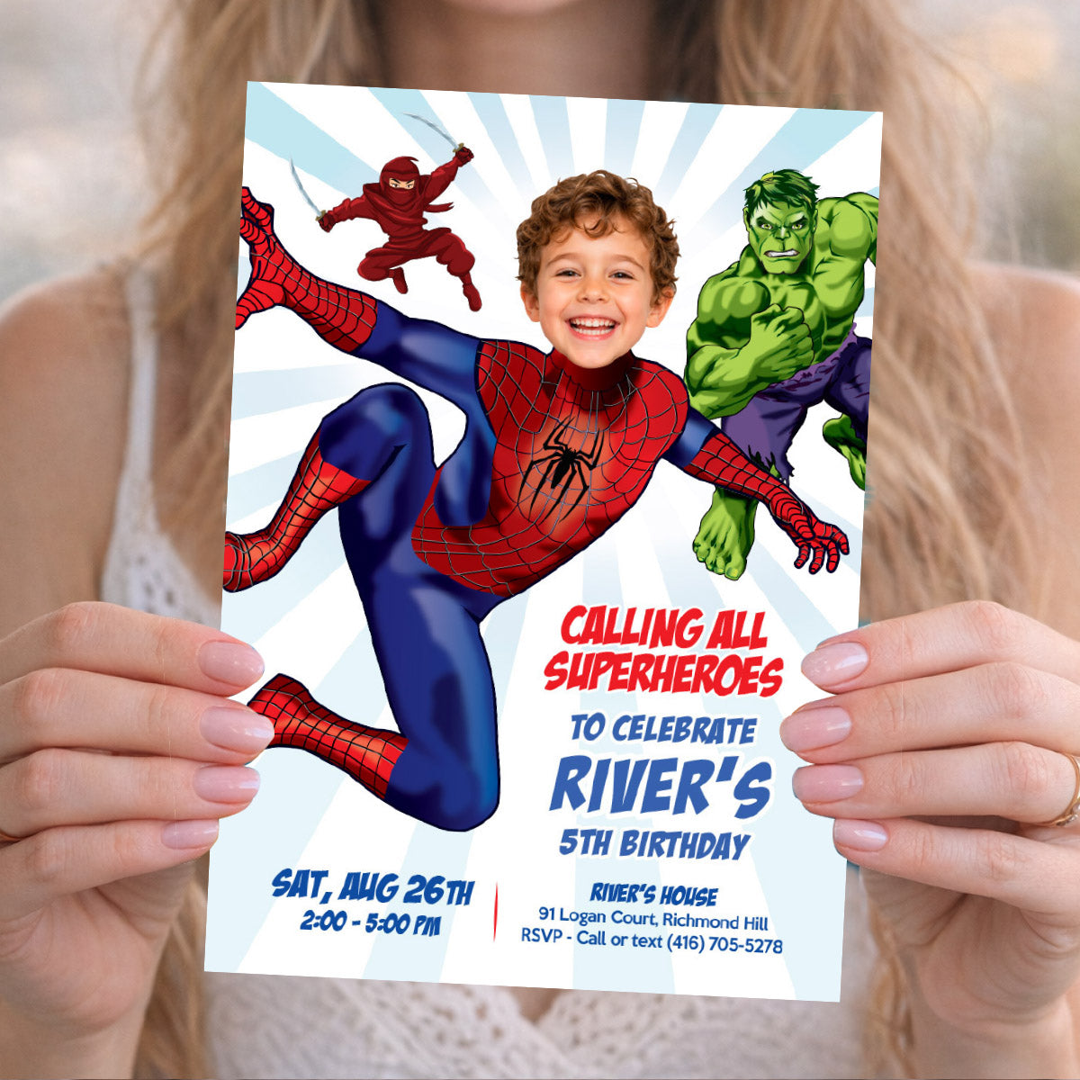 Custom Calling All Superheroes Spiderman Birthday Invitation Featuring Kid as the Star. 2493IN3