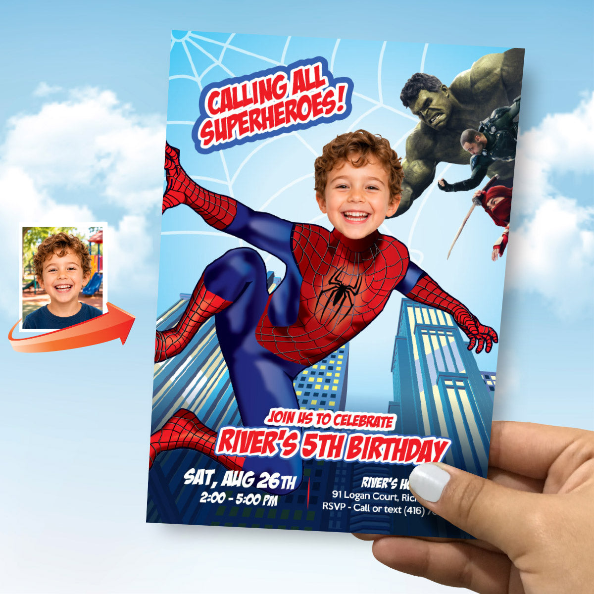 Personalized Spiderman Brand New Day Birthday Invite with Kid as the Star. 2493IN