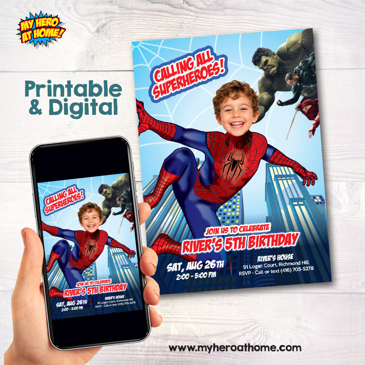 Personalized Spiderman Brand New Day Birthday Invite with Kid as the Star. 2493IN