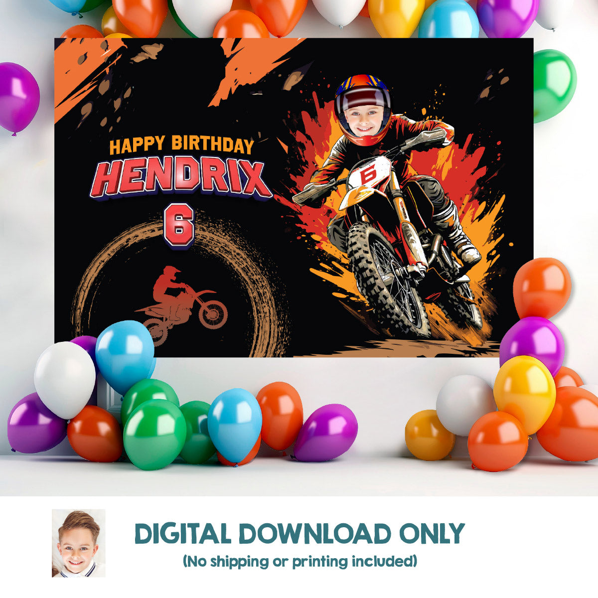 Personalized Dirt Bike Birthday Backdrop With Kid as the Rider, Motocross Party Banner. 2494BB3