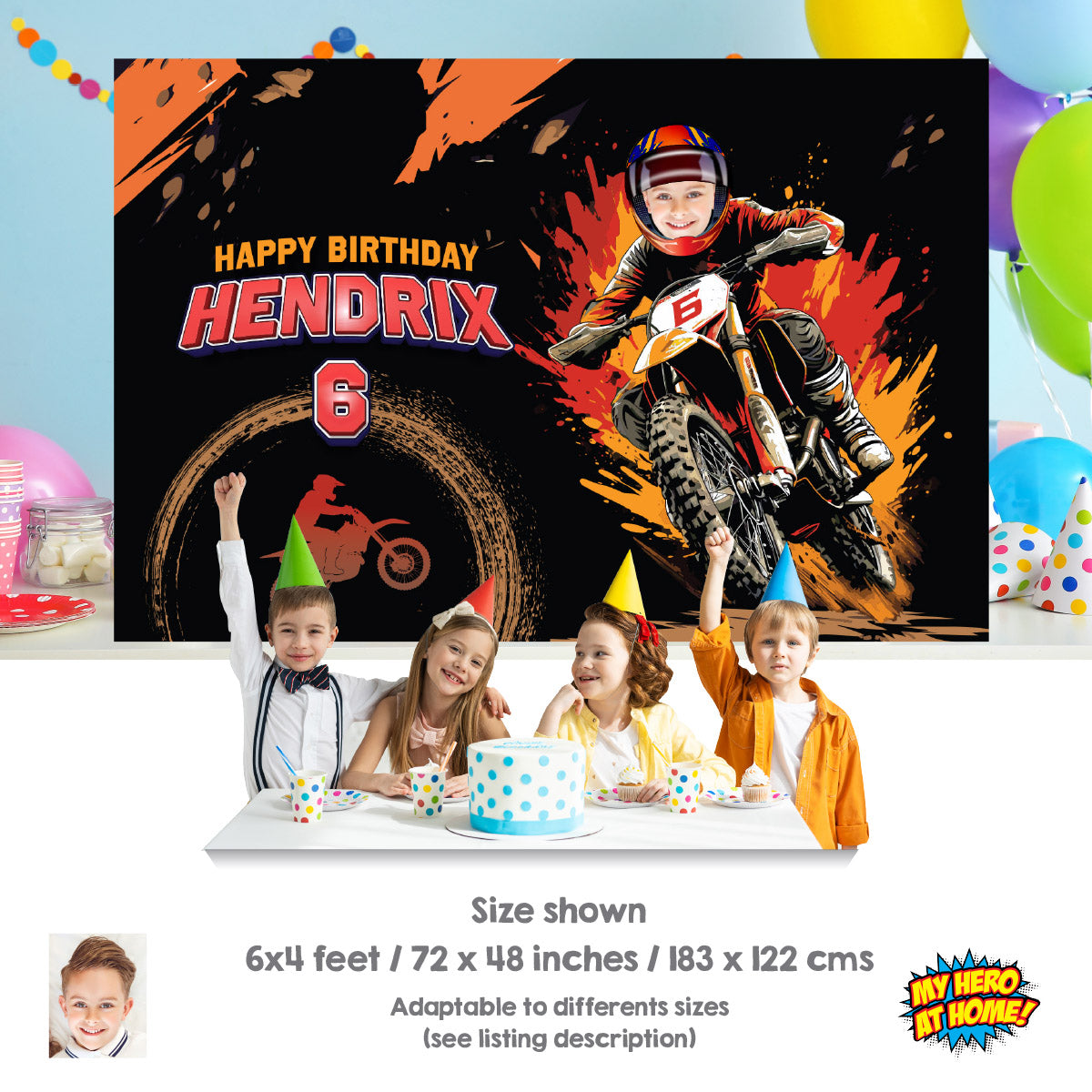 Personalized Dirt Bike Birthday Backdrop With Kid as the Rider, Motocross Party Banner. 2494BB3