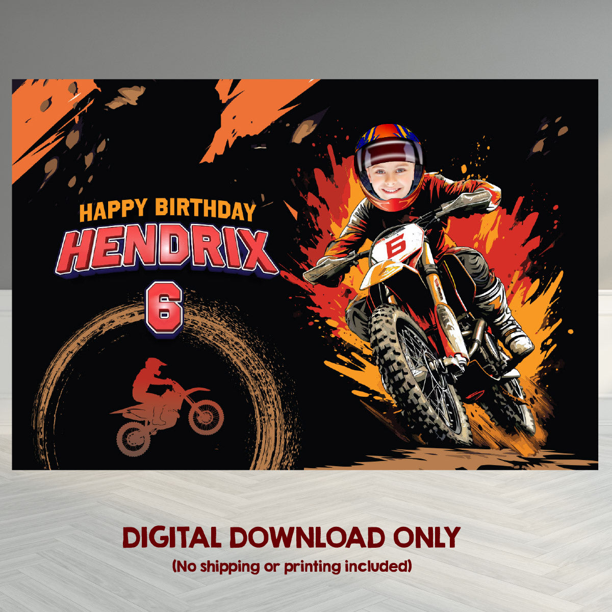 Personalized Dirt Bike Birthday Backdrop With Kid as the Rider, Motocross Party Banner. 2494BB3
