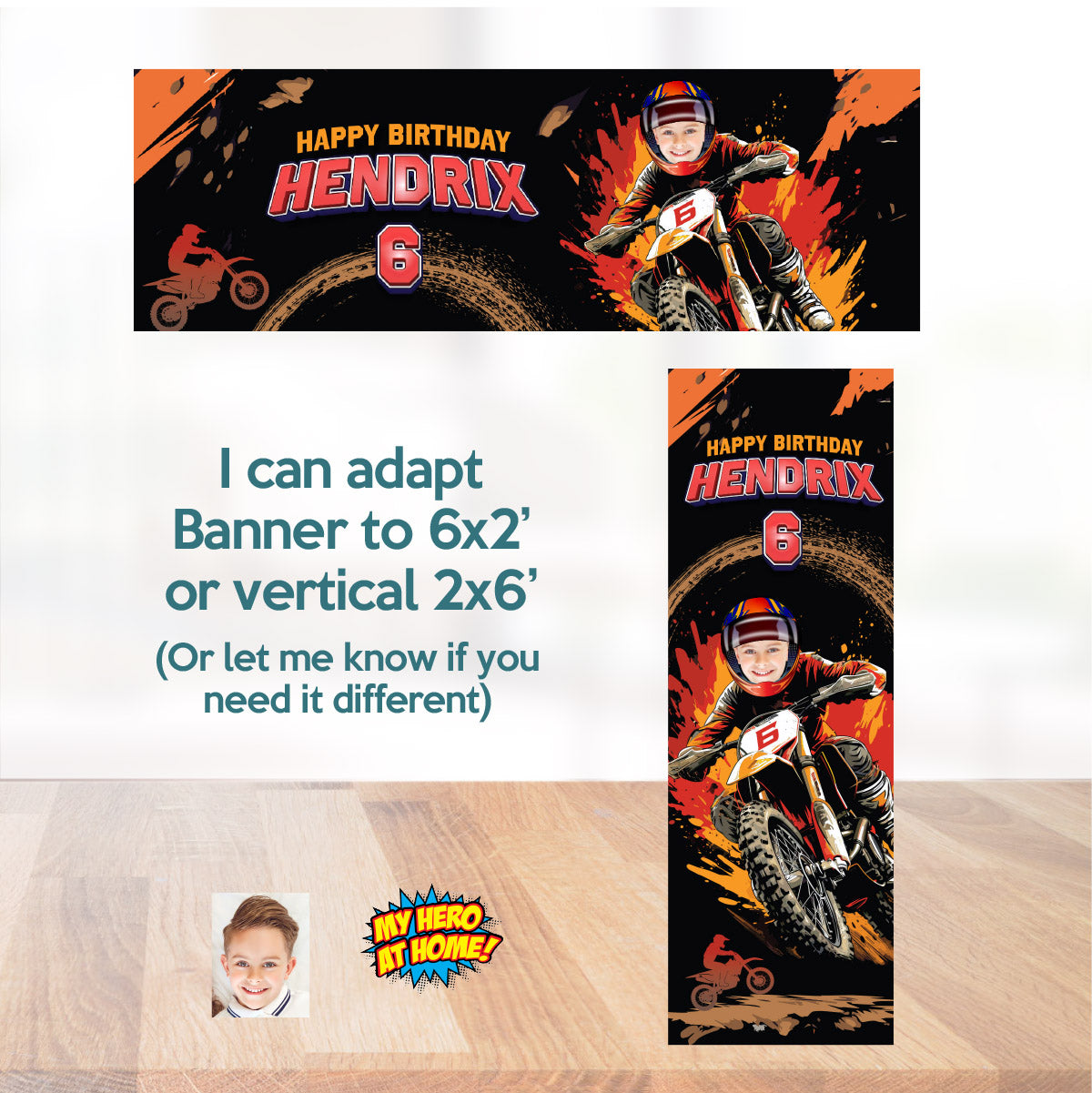 Personalized Dirt Bike Birthday Backdrop With Kid as the Rider, Motocross Party Banner. 2494BB3