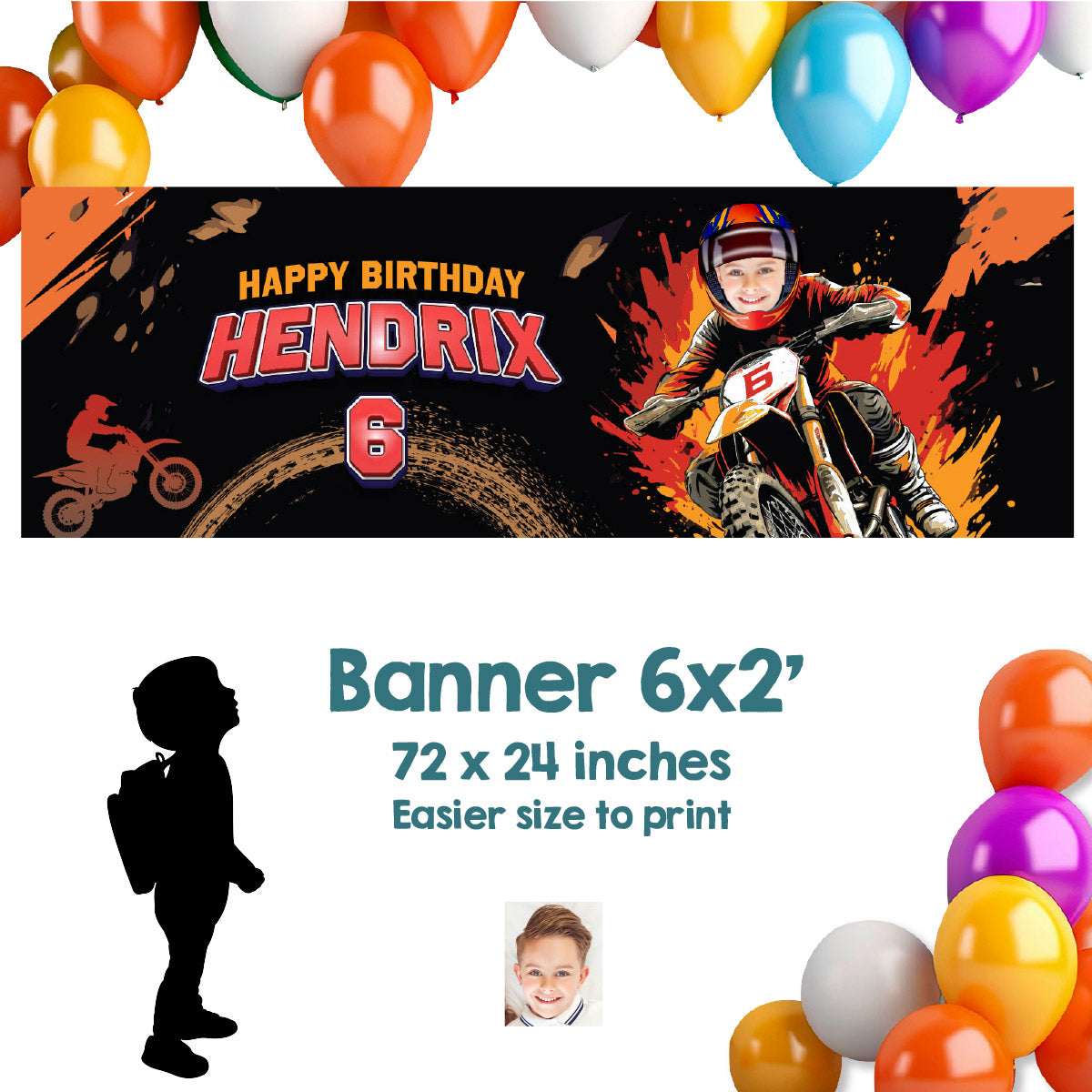 Personalized Dirt Bike Birthday Banner With Kid as the Star, Motocross Party Banner. 2494BBH3