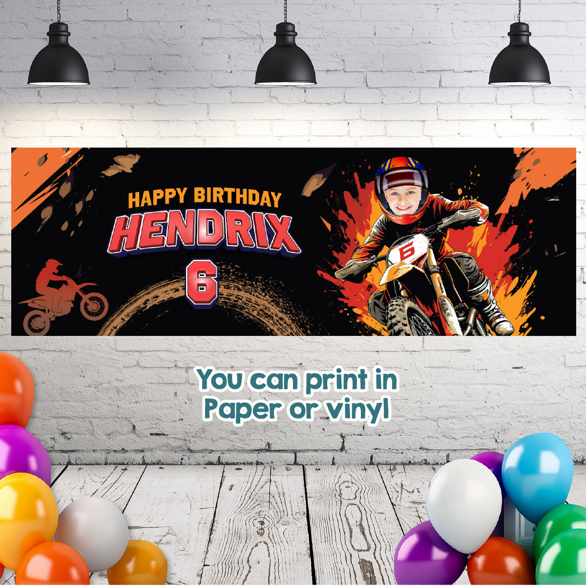 Personalized Dirt Bike Birthday Banner With Kid as the Star, Motocross Party Banner. 2494BBH3
