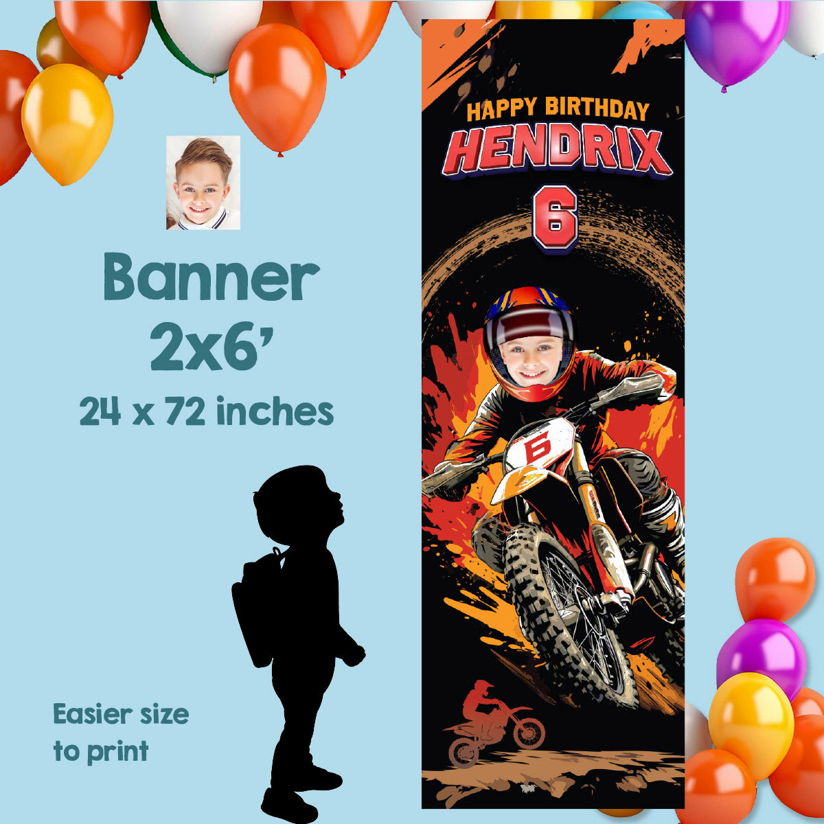 Personalized Dirt Bike Party Vertical Banner With Birthday Child as the Star. 2494BBV3