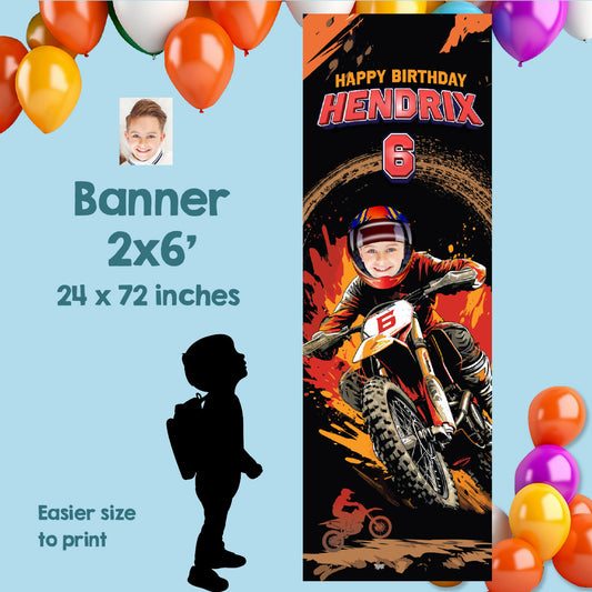 Personalized Dirt Bike Party Vertical Banner With Birthday Child as the Star. 2494BBV3