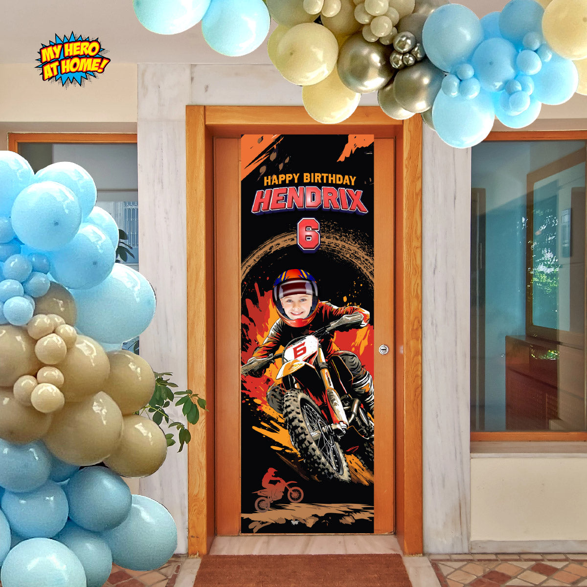 Personalized Dirt Bike Party Vertical Banner With Birthday Child as the Star. 2494BBV3