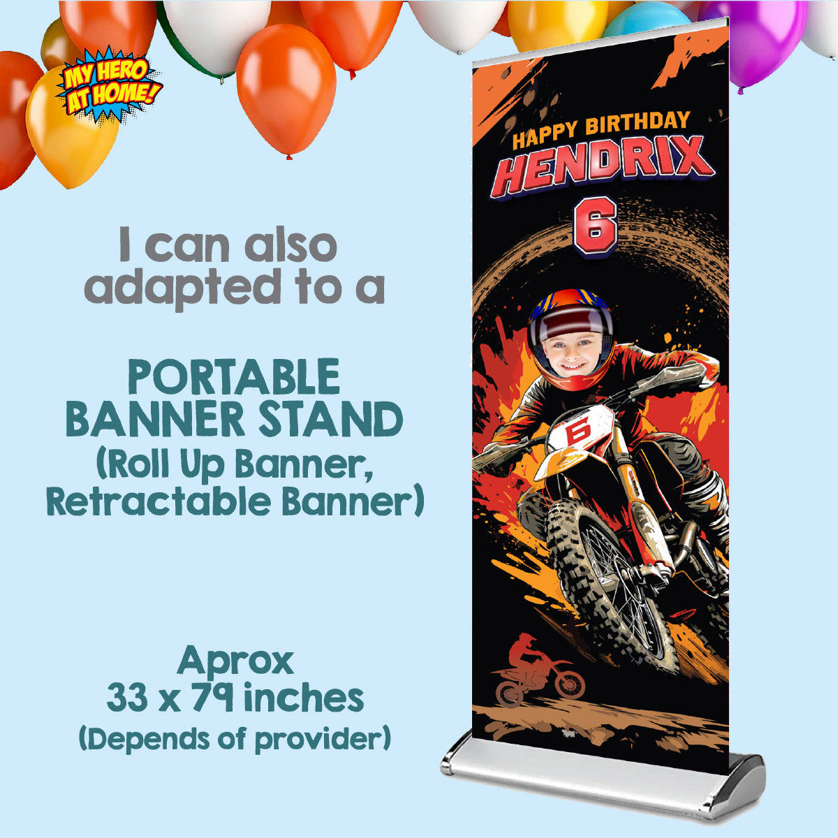 Personalized Dirt Bike Party Vertical Banner With Birthday Child as the Star. 2494BBV3