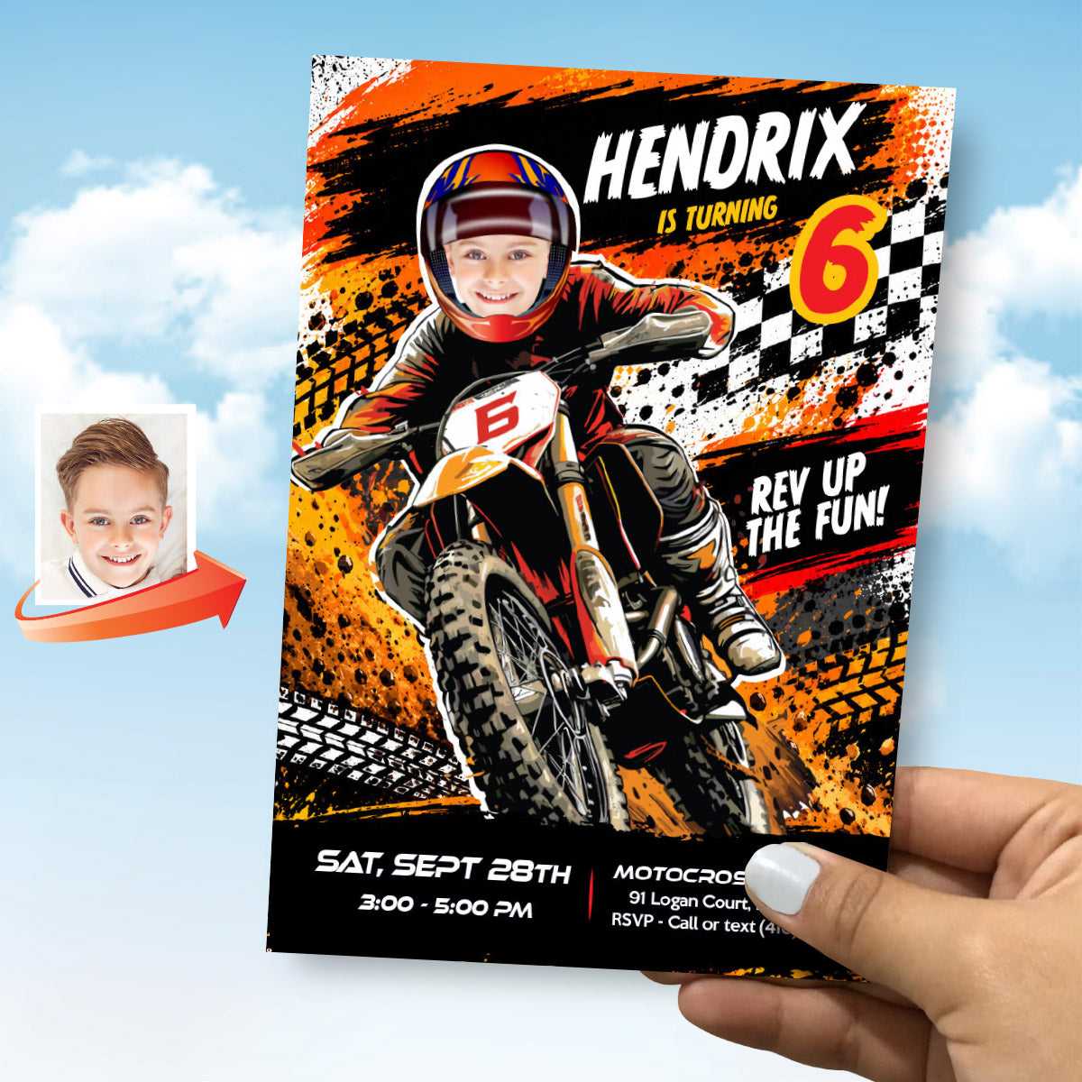 Motocross Party Invitation Personalized With Birthday Boy Riding a Dirt Bike. 2494IN3A