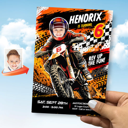 Motocross Party Invitation Personalized With Birthday Boy Riding a Dirt Bike. 2494IN3A