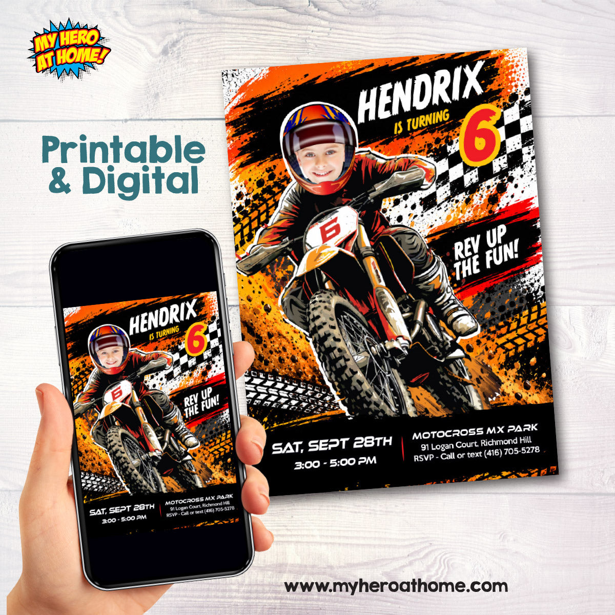 Motocross Party Invitation Personalized With Birthday Boy Riding a Dirt Bike. 2494IN3A
