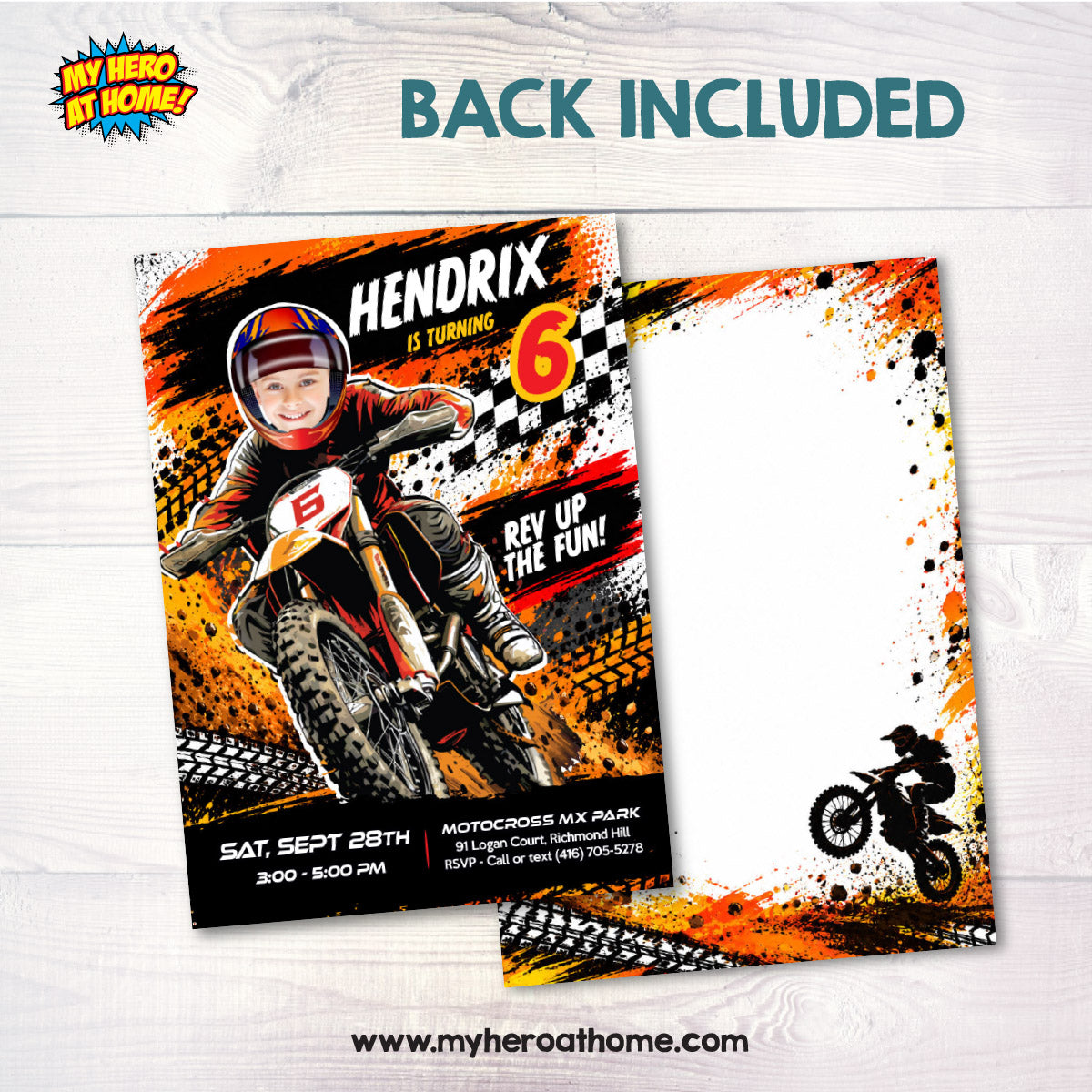 Motocross Party Invitation Personalized With Birthday Boy Riding a Dirt Bike. 2494IN3A