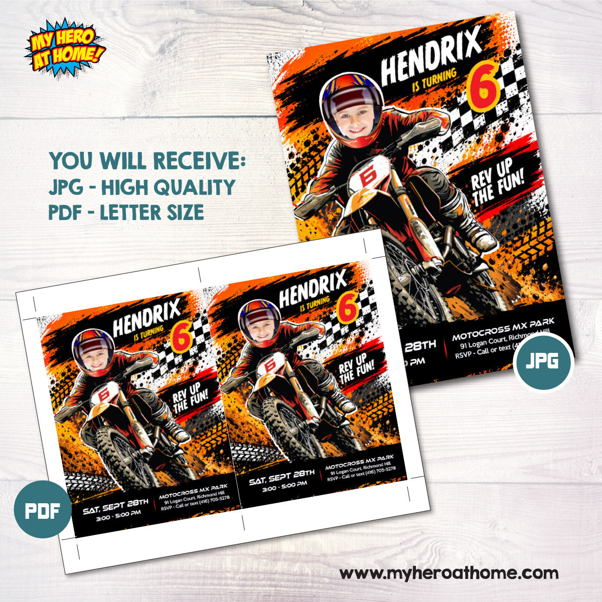 Motocross Party Invitation Personalized With Birthday Boy Riding a Dirt Bike. 2494IN3A