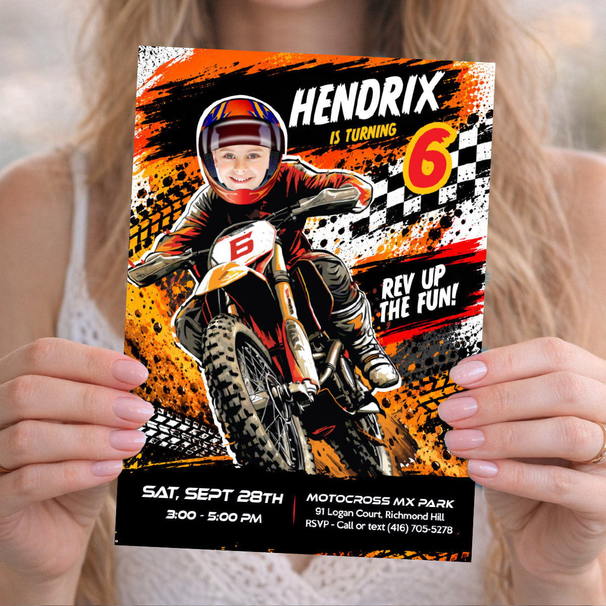 Motocross Party Invitation Personalized With Birthday Boy Riding a Dirt Bike. 2494IN3A