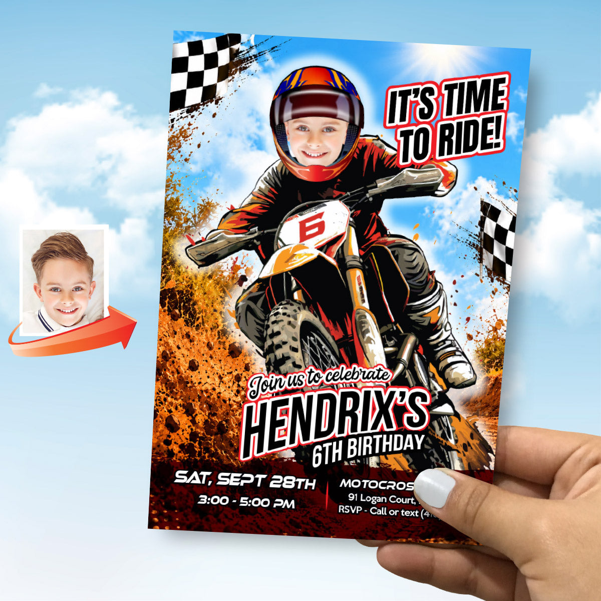 Personalized Motocross Birthday Invitation Featuring Your Kid as the Rider, Dirt Bike Party Invite. 2494IN3B