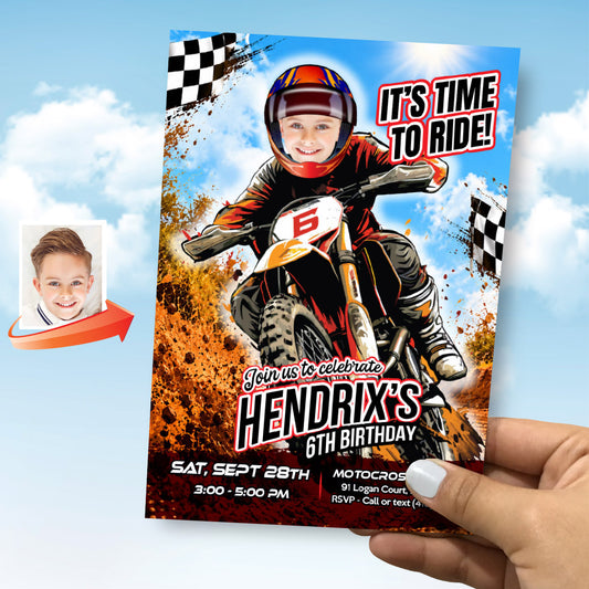 Personalized Motocross Birthday Invitation Featuring Your Kid as the Rider, Dirt Bike Party Invite. 2494IN3B