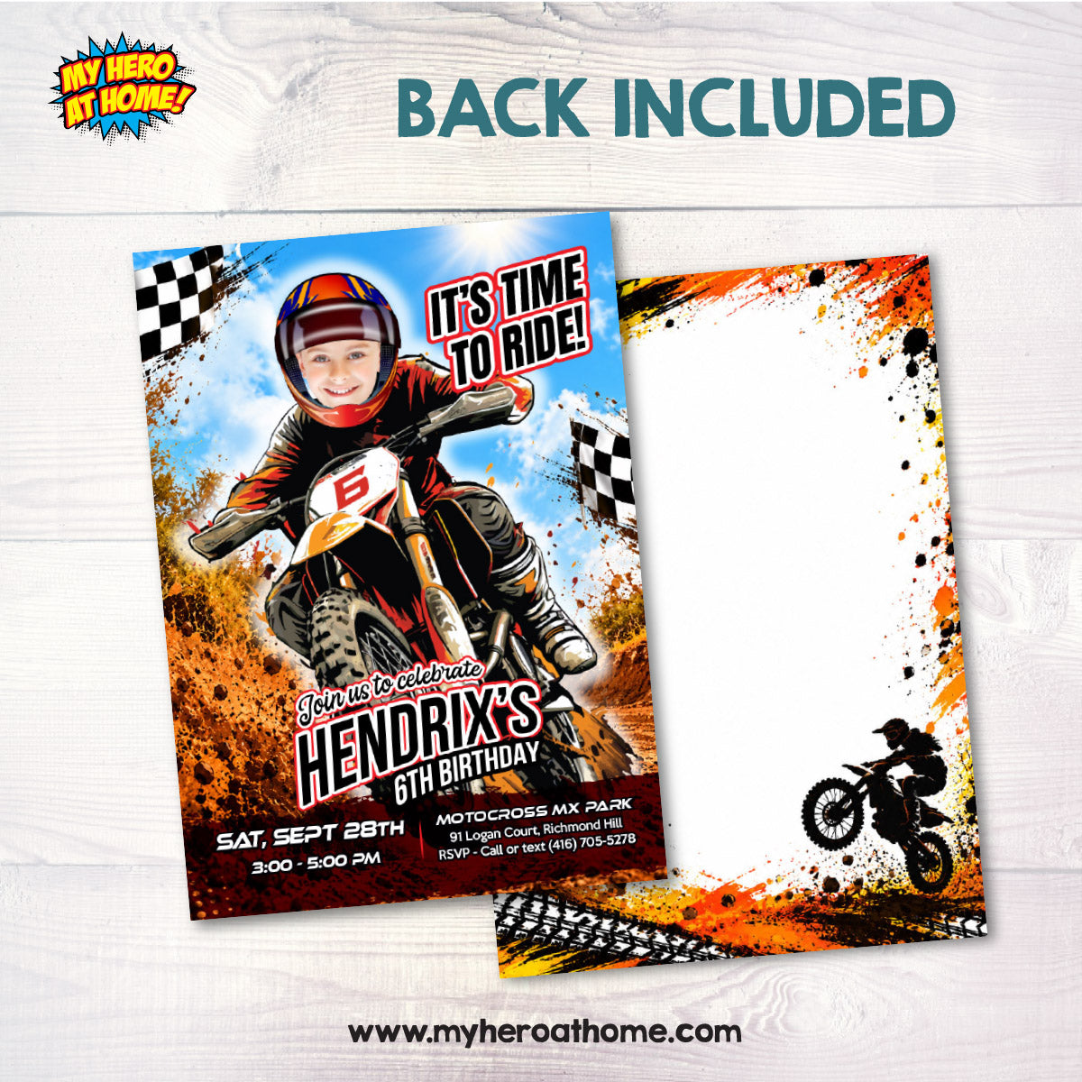 Personalized Motocross Birthday Invitation Featuring Your Kid as the Rider, Dirt Bike Party Invite. 2494IN3B
