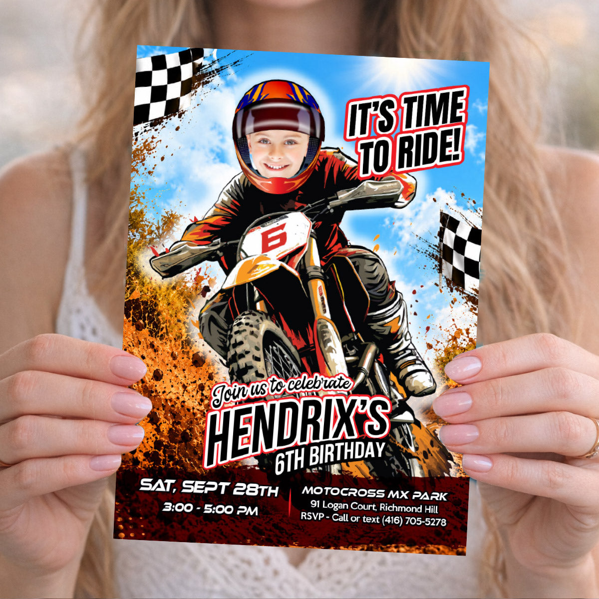 Personalized Motocross Birthday Invitation Featuring Your Kid as the Rider, Dirt Bike Party Invite. 2494IN3B